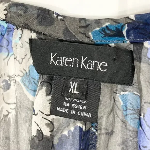 Nwot Karen Kane Blouse XL SILK Chiffon Sheer Floral Blue Roll-Tab-Long-Sleeve - Picture 3 of 11